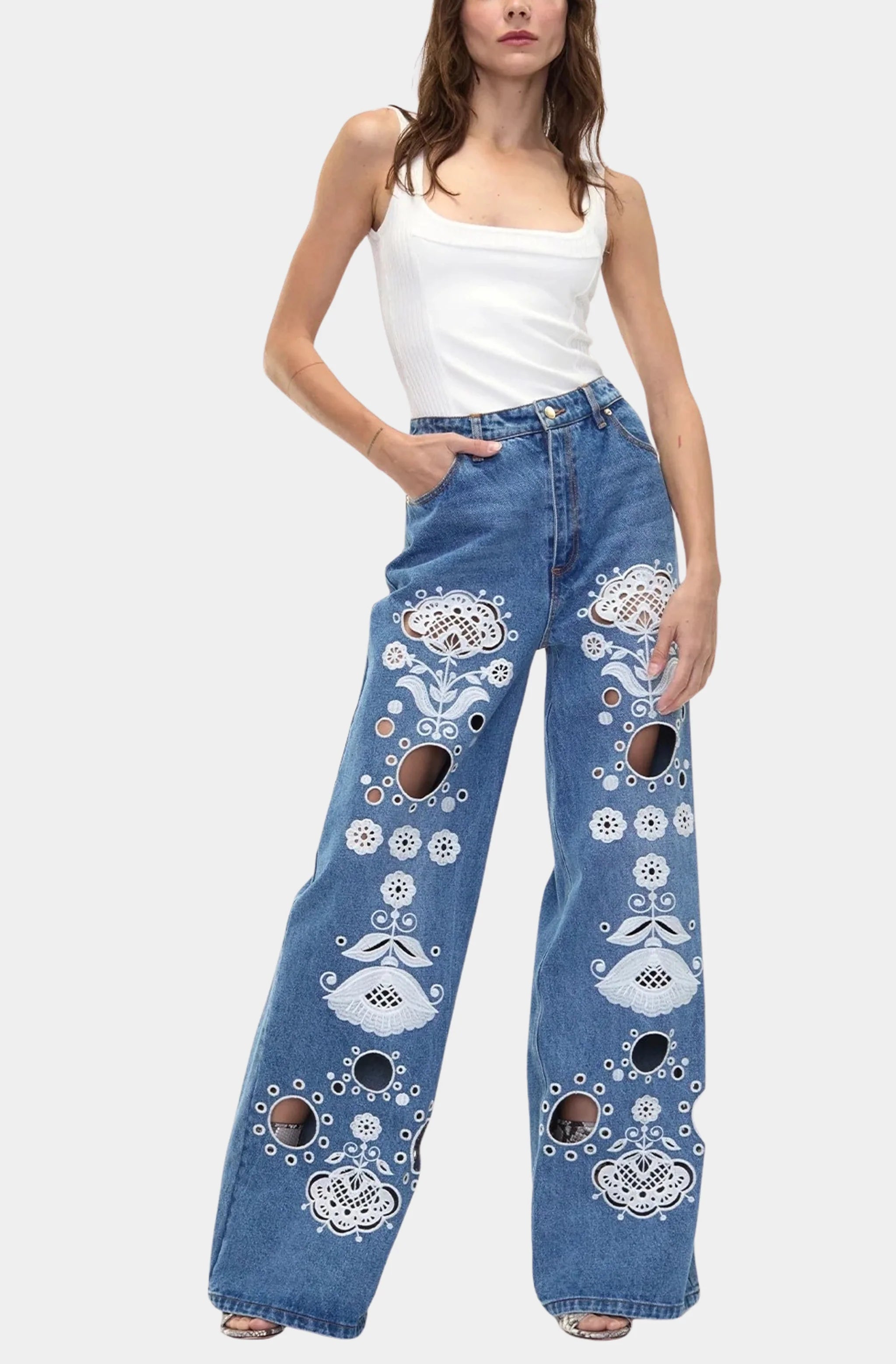 Embroidered Wide Leg Jeans