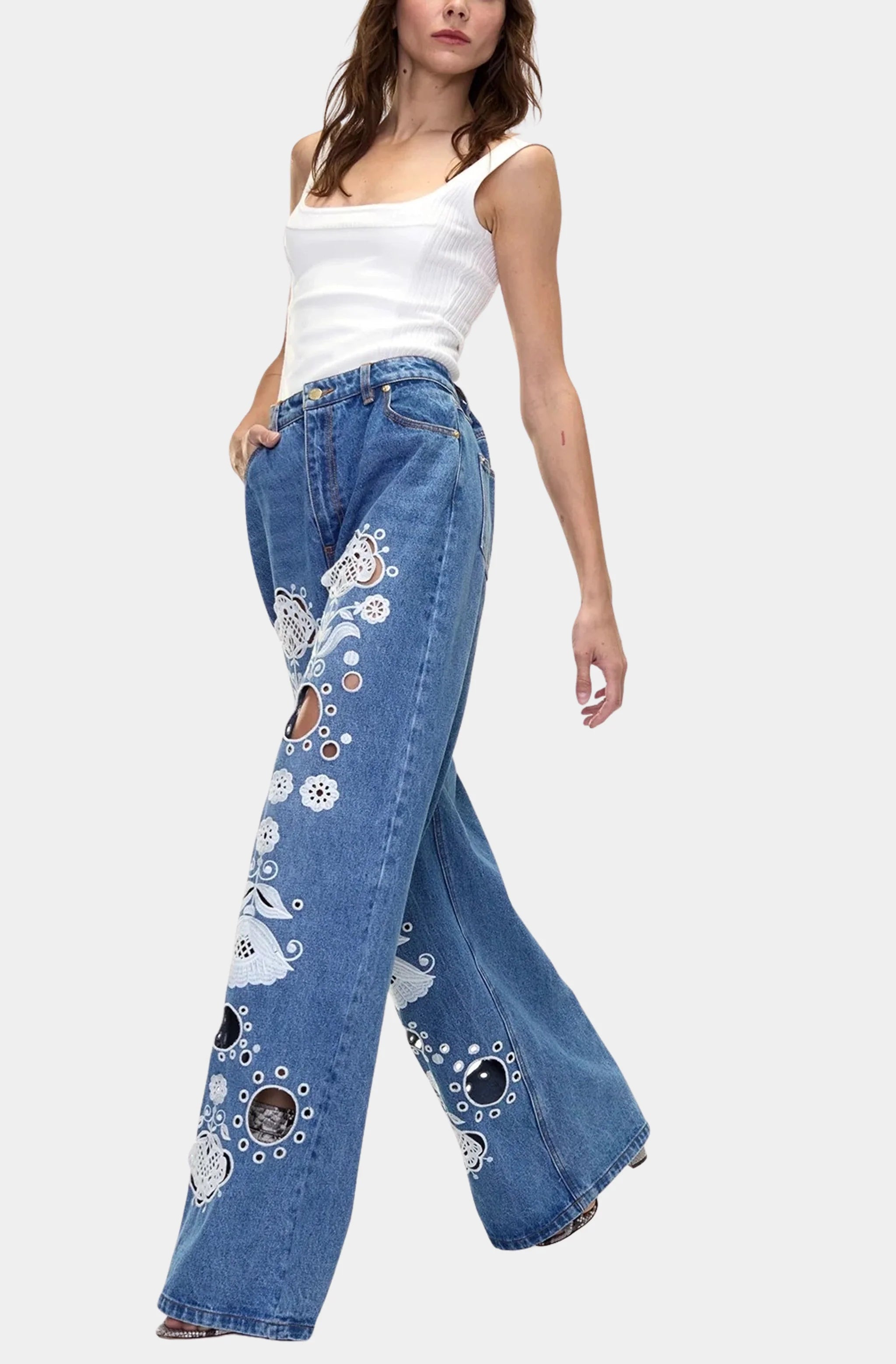 Embroidered Wide Leg Jeans