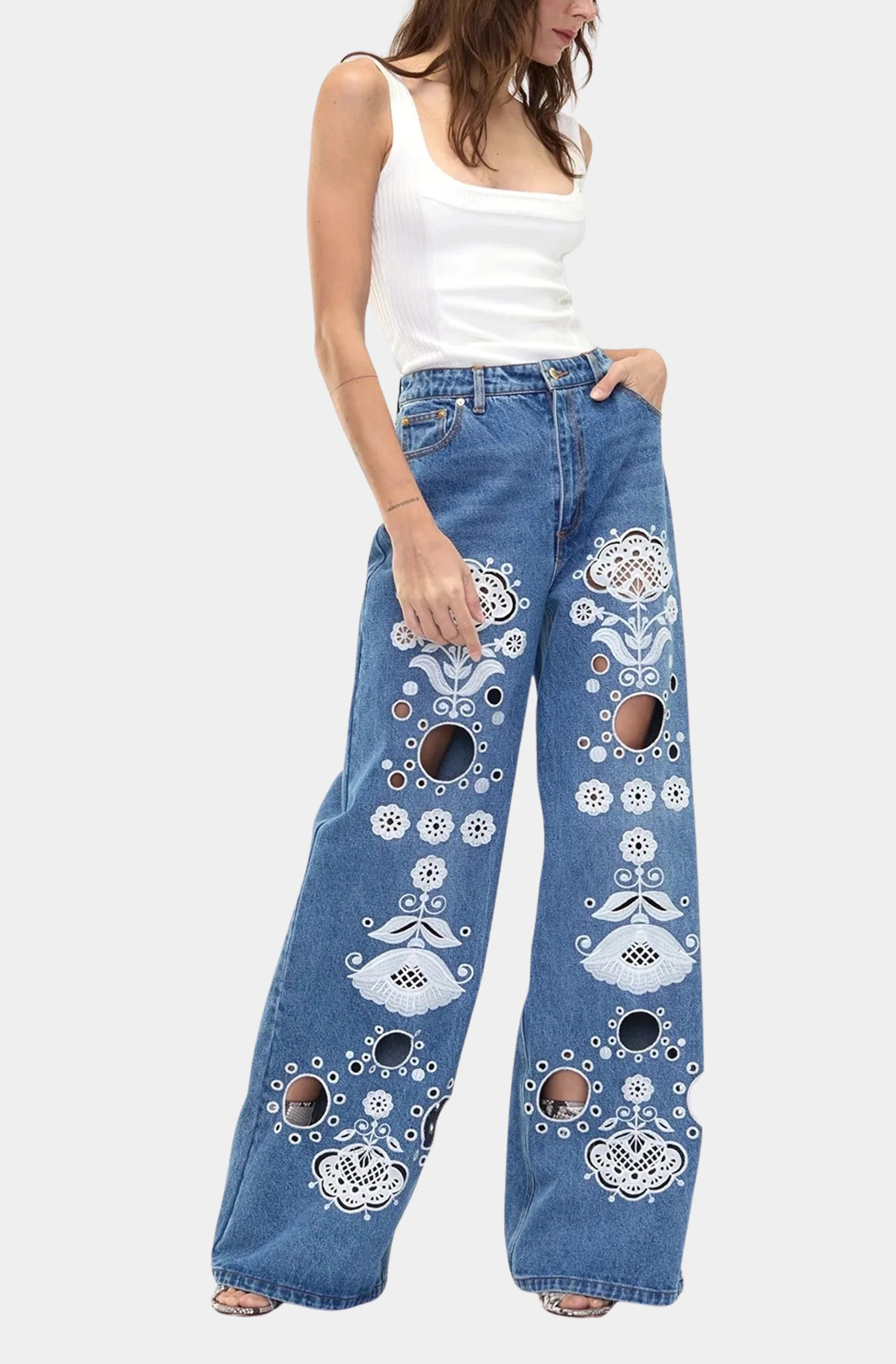 Embroidered Wide Leg Jeans