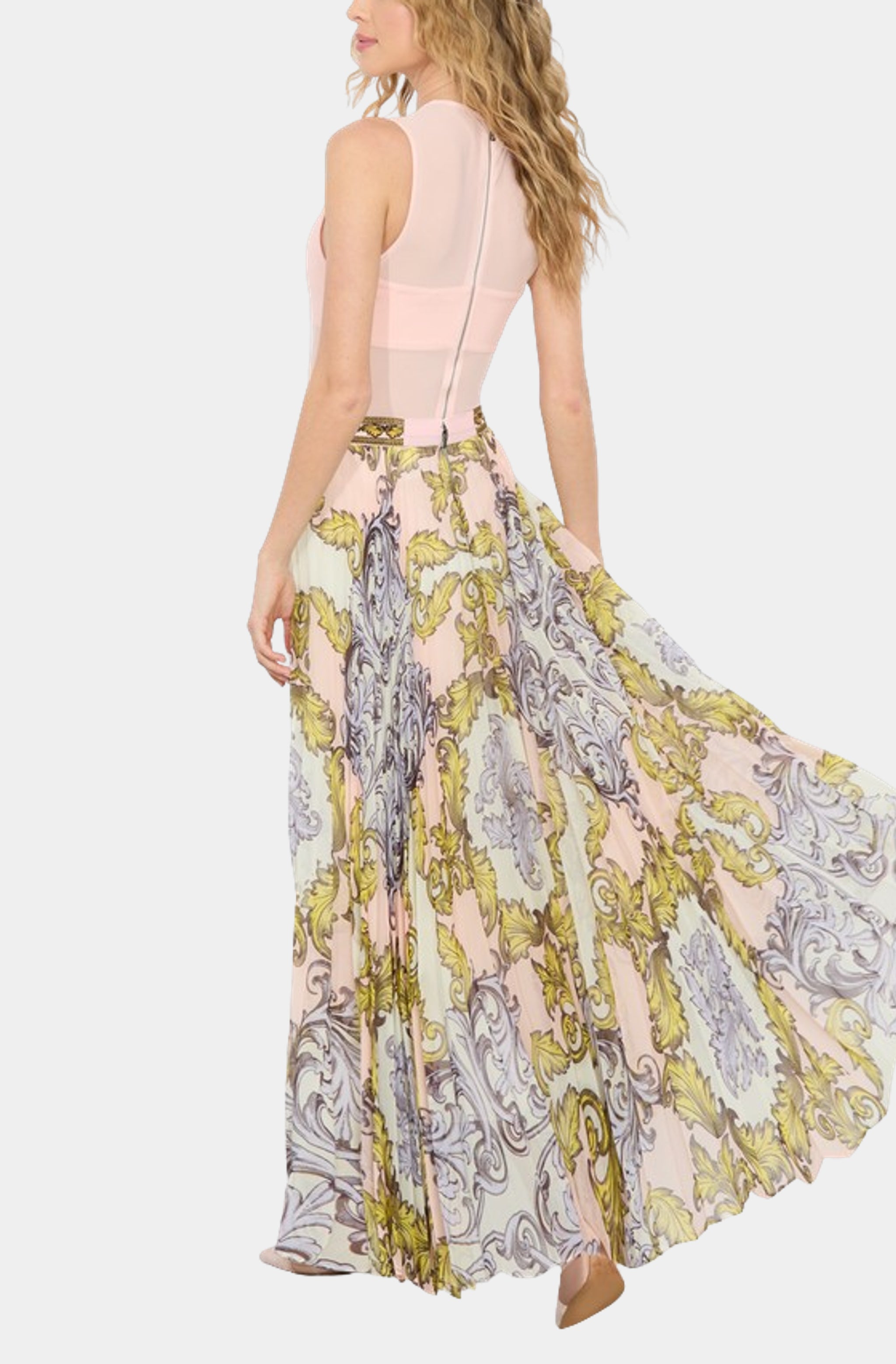 Katz Embroidered Wide Waistband Pleated Maxi Skirt