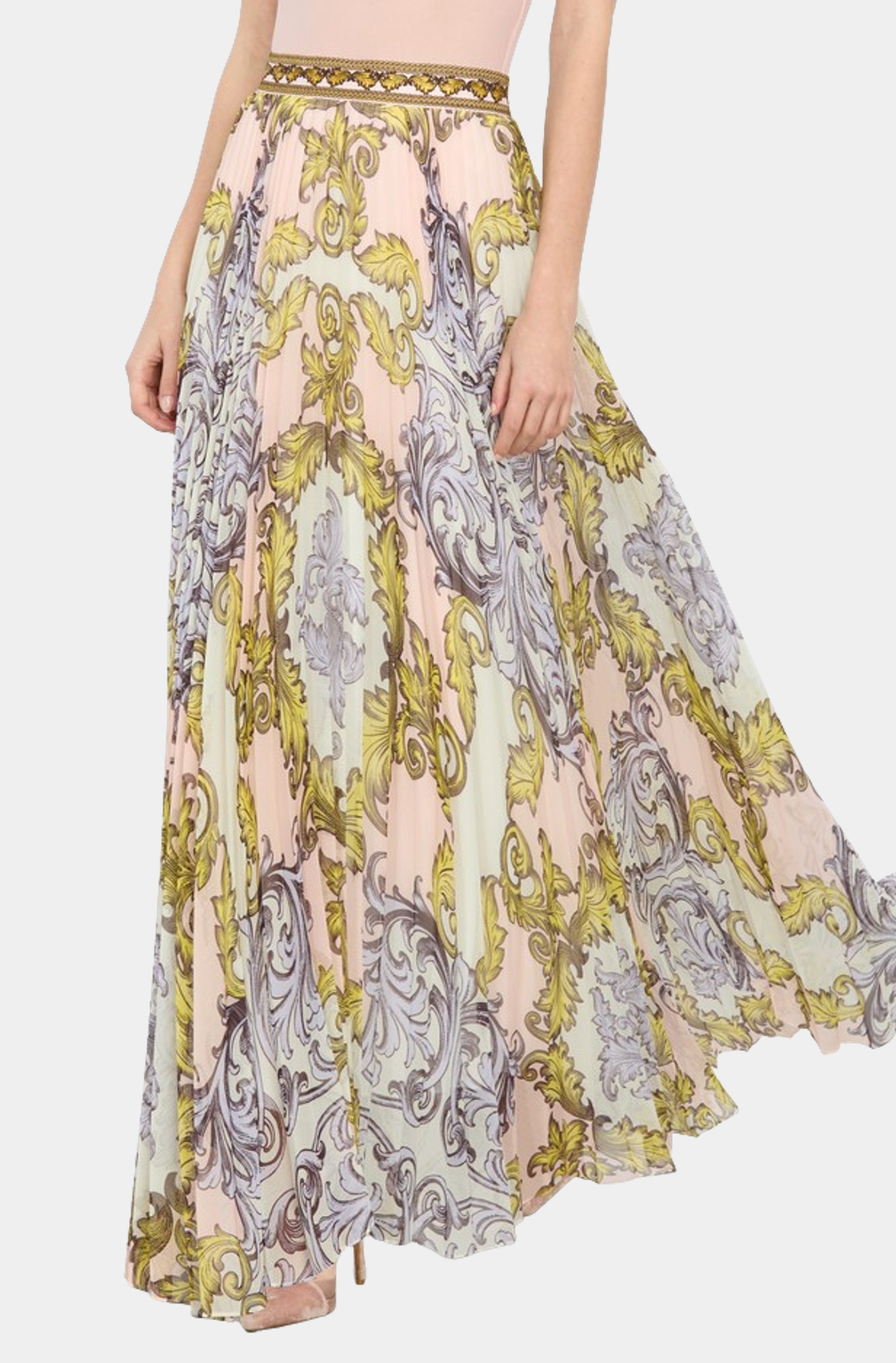Katz Embroidered Wide Waistband Pleated Maxi Skirt