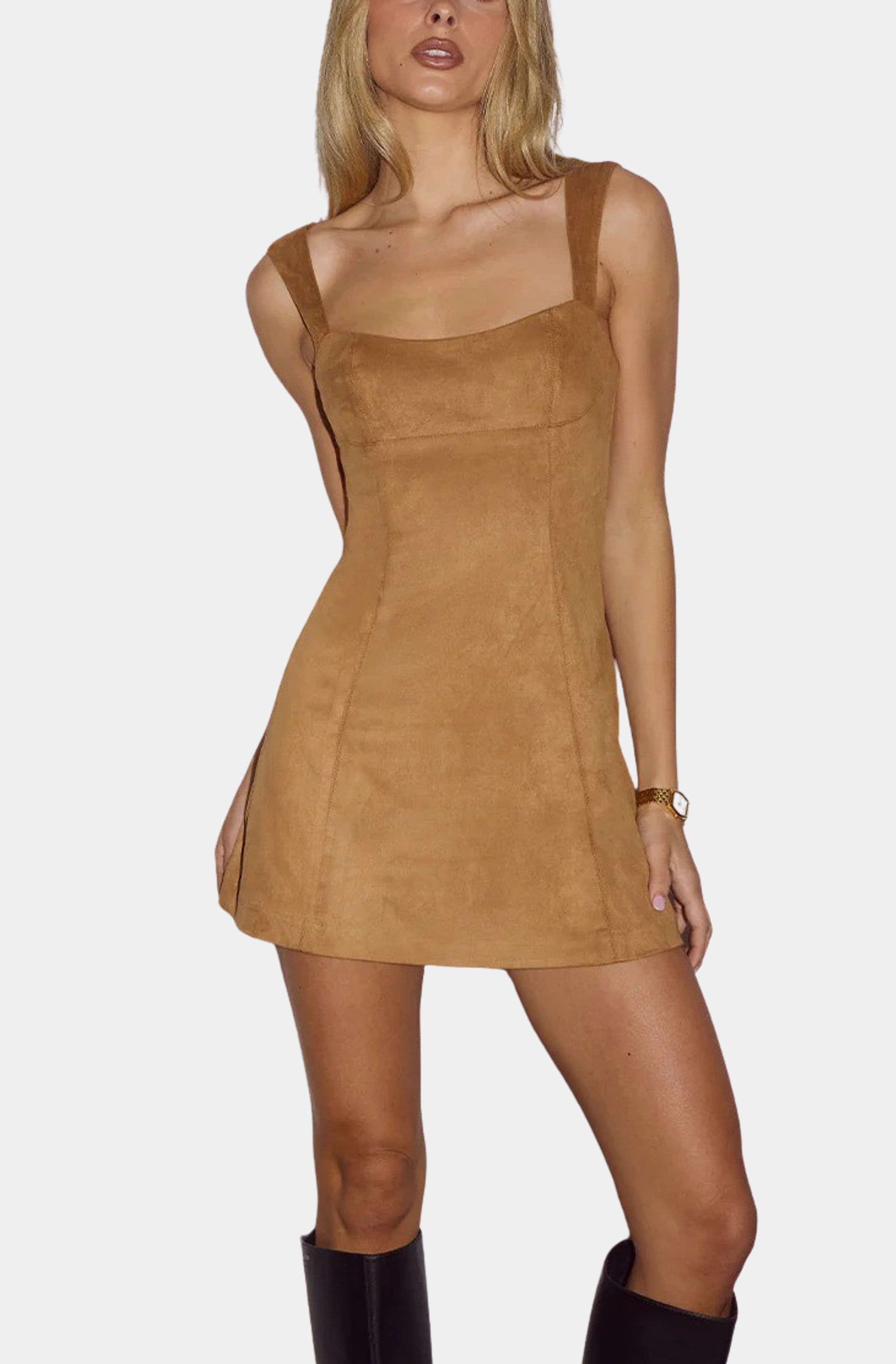 Runaway The Label Zaela Square Neck Fitted Mini Dress L / Tan Runaway The Label Zaela Square Neck Fitted Mini Dress L / Tan