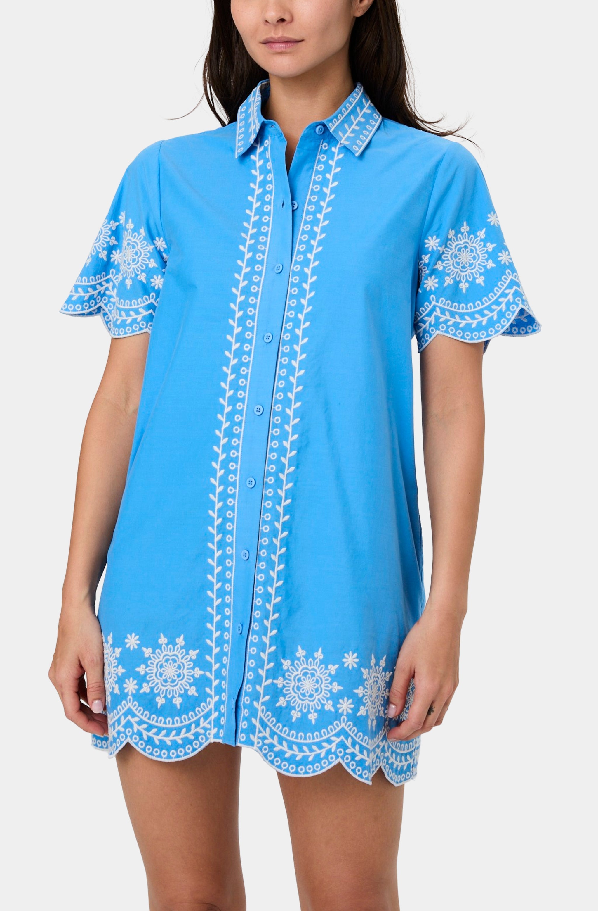 French Connection Alissa Embroidered Mini Shirt Dress - Poolside Blue French Connection Alissa Embroidered Mini Shirt Dress - Poolside Blue